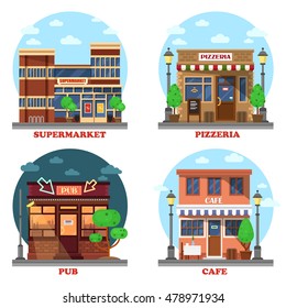 Pub and supermarket, pizzeria and cafe buildings. Business shop's facade on street with menu and lights. Local outdoor cityscape houses. Can be used for commerce construction and exterior themes