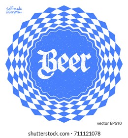 Pub underlay for beer mug. Cold blue round mat with diamond ornament of Bavarian banner. Beer logo in the center of the coaster in German Gothic font style with grainy texture of foam and splatter.