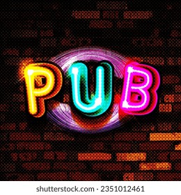 Pub. Vector glowing neon sign for outdoor advertising of a night beer bar. Isolated on a brick wall.