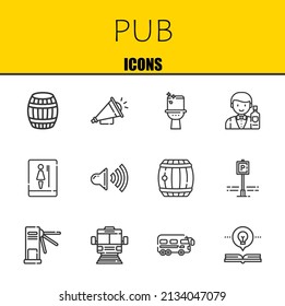 pub vector line icons set. barrel, loudspeaker and toilet Icons. Thin line design. Modern outline graphic elements, simple stroke symbols stock illustration