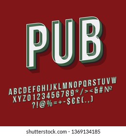 Pub vintage 3d vector lettering. Retro bold typeface. Pop art stylized text. Old school style letters, numbers, symbols pack. 90s poster, banner, signboard typography design. Red color background