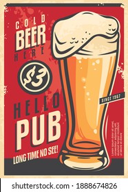 Pub wall decor advertisement with glass of cold beer and  appealing message. Drink beer retro poster on red background. Vintage vector image on old paper texture.