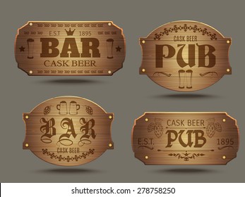 Pub wooden old-fashioned signs set for craft cast ale beer tasting advertisement poster abstract isolated vector illustration