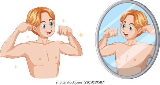 Puberty Boy Checking Physical Changes in Mirror illustration