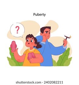 Puberty concept. Curious girl with a question mark, boy with a razor contemplating changes. The puzzling journey of adolescent development. Flat vector illustration