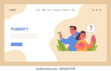 Puberty concept. Curious girl with a question mark, boy with a razor contemplating changes. The puzzling journey of adolescent development. Flat vector illustration