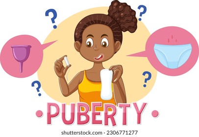 Puberty girl choosing between using a sanitary pad or a menstrual cup illustration
