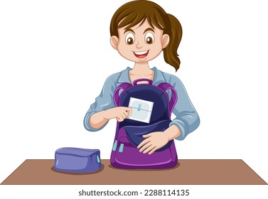 A puberty girl taking a sanitary pad out of her backpack illustration