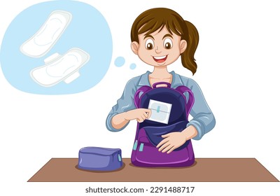 A puberty girl taking a sanitary pad out of her backpack illustration