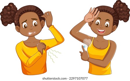 Puberty Girl Using Deodorant Spray to Combat Body Odor illustration