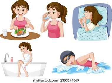 Puberty Girls mit unterschiedlichen Aktivitäten Sammlung Illustration