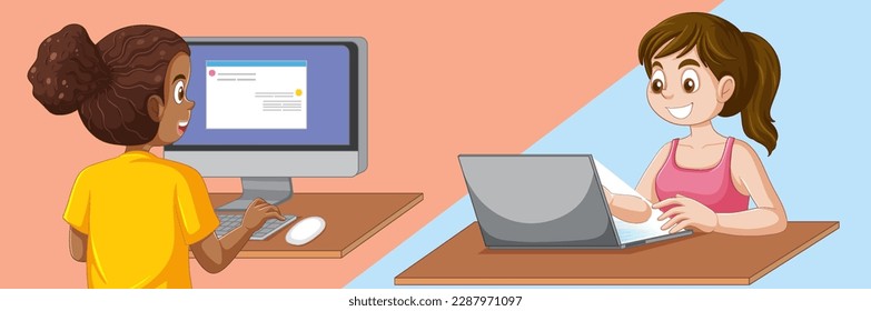 Niñas de la pubertad aprendiendo a usar ilustración de medios sociales