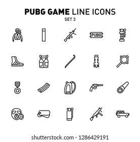 PUBG game line icons. Vector illustration of combat facilities. Linear design. The Set 3 of icons for PlayerUnknown's Battlegrounds.