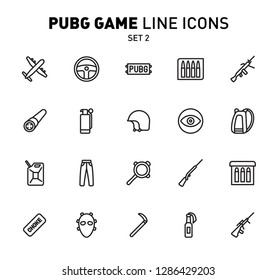 PUBG-Spielzeilen-Symbole. Vektorillustration-Illustration von Kampfanlagen. Lineares Design. Das Set von 2 Symbolen für die Schlachtfelder von PlayerUnknown.