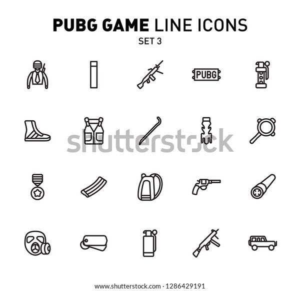 PUBG game line icons. Vector illustration\
of combat facilities. Linear design. The Set 3 of icons for\
PlayerUnknown\'s\
Battlegrounds.