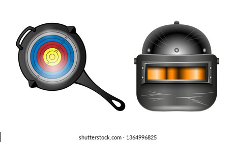 PUBG - PlayerUnknowns Battlegrounds Game. Pan with the target and an armored helmet black with visor, front view isolated on a white background. Realistic banner, poster vector illustrations.