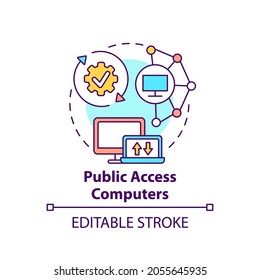 Public access computers concept icon. Accessible technology. Open network. Digital inclusion improvement idea thin line illustration. Vector isolated outline RGB color drawing. Editable stroke