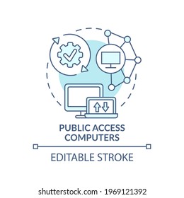 Public access computers turquoise concept icon. Accessible technology. Digital inclusion improvement idea thin line illustration. Vector isolated outline RGB color drawing. Editable stroke