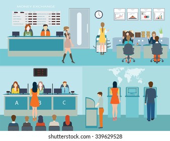 Public Access To Financial Services To Banks, Bank Interior, Counter Desk, Cashier, Consulting, Presenting, Queuing For ATM, Currency Exchange,Banking Concept Vector Illustration.