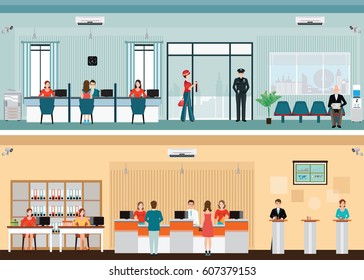 Public Access To Financial Services To Banks, Bank Interior, Counter Desk, Cashier, Consulting, Presenting, Banking Concept Vector Illustration.