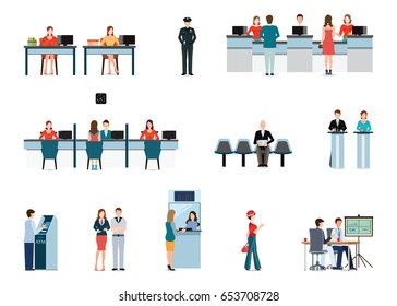 Public Access To Financial Services To Banks Isolated On White, Bank Interior, Counter Desk, Cashier, Consulting, Presenting, Banking Concept Vector Illustration.