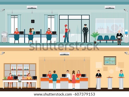 Public access to financial services to banks, bank interior, counter desk, cashier, consulting, presenting, Banking concept vector illustration.
