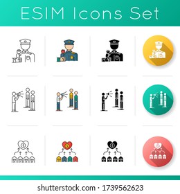 Public activism icons set. War veteran support. Public broadcast. Mass propaganda. Neighborhood development. Social aid. Linear, black and RGB color styles. Isolated vector illustrations