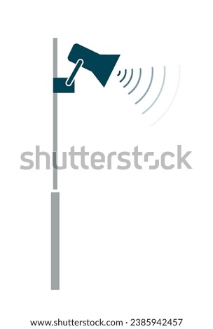 Public address system, loudspeaker on the top of a high pole. Sound, technology. Object icon, symbol. Flat style colorful vector illustration on white background.