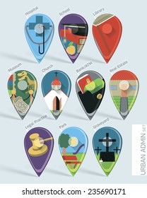 Public administration map pins set.Wonderfully designed flat set of ten map pins with long shadows created using gradient mesh. On the theme of public administration and other aspects of the 