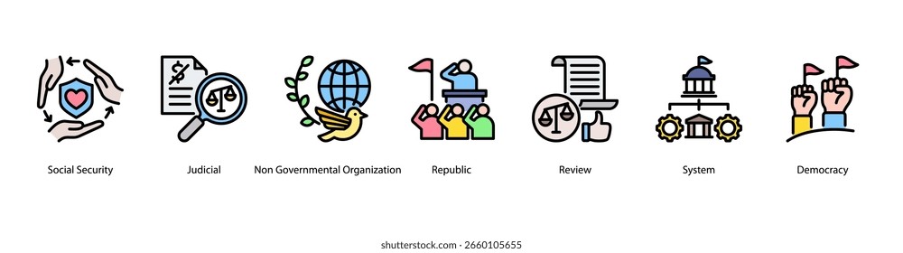 Public Administration web banner icon vector illustration for bureaucracy, control systems, social security, judiciary, NGOs, republic forms of government, and system reviews.