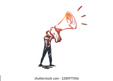 Public, advertising, communication, pr, media concept. Hand drawn pr manager with megaphone concept sketch. Isolated vector illustration.