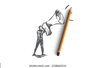 Public, advertising, communication, pr, media concept. Hand drawn pr manager with megaphone concept sketch. Isolated vector illustration.