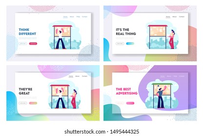 Public Advertising Website Landing Page Set. Man and Woman Sticking Paper Flyers on Bulletin Noticeboard, Reading News, Announcements and Information Web Page Banner. Cartoon Flat Vector Illustration