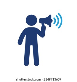 Public advocacy vector. Man holding megaphone icon isolated on white background.