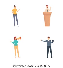 Public agitation icons set cartoon vector. Loud talking and agitating people. Campaigning concept