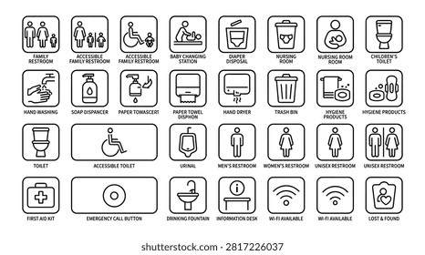 Public amenity icon set featuring paper towel dispenser hand dryer trash bin hygiene products toilet urinal mens restroom womens restroom unisex restroom drinking fountain information desk and emergency call button for interior wayfinding and facility management designs.