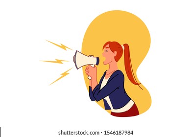 Public announcement, protest concept. Young woman holding megaphone, female rights activist, feminist, promoter shouting message in loudspeaker, social demonstration, marketing. Simple flat vector