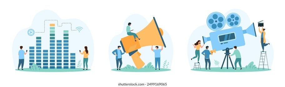 Public announcement, sound and video recording set. Tiny people announce loud voice message to audience with big megaphone, record film, listen audio with wave equalizer cartoon vector illustration