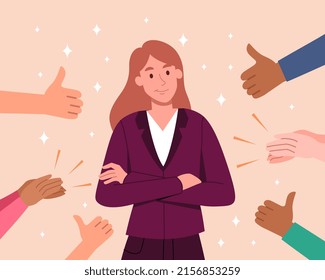 Public approval concept. Young girl on background of applause and. Popular personality and social hero. Successful entrepreneur or employee celebrating success. Cartoon flat vector illustration