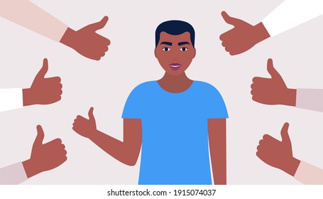 Public approval concept. Young man surrounded by hands thumbs up. Vector illustration in a flat style
