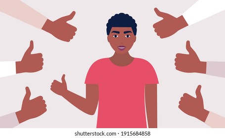 Public approval concept. Young man surrounded by hands thumbs up. Vector illustration in a flat style