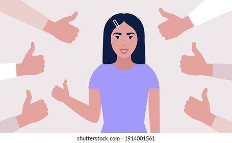 Public approval concept. Young woman surrounded by hands thumbs up. Vector illustration in a flat style