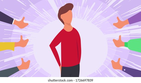 Public approval people person vector illustration concept. Hand accept acknowledgment gesture opinion. Respect character around thumb up feedback. Honor show favorite reputable. Agree choice proud