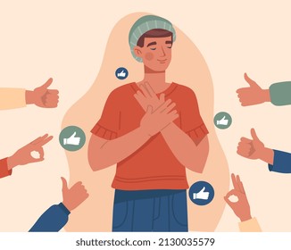 Public approval or praise abstract concept. Satisfied man surrounded by hands showing ok and thumbs up gestures. Positive assessment of excellent work of employee. Cartoon flat vector illustration