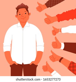 Public Approval, Praise. Happy Man Stands On The Background Of Hands Showing Class Gesture. Great Work And Respect From The Community. Vector Illustration In A Flat Style