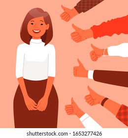 Public Approval, Praise. Happy Woman Stands On The Background Of Hands Showing Class Gesture. Success And Respect From The Community. Vector Illustration In A Flat Style