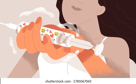 Public approvement concept, internet or like addiction, social addicted girl. Woman holding syringe in hand, social media feedback dose. Nomophobia, phubbing people. Flat vector cartoon illustration