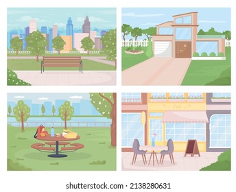 Public areas in city for relaxation flat color vector illustration set. Coffee shop. Outdoor venue 2D simple cartoon landscapes and cityscape with buildings on background collection. Caveat font used