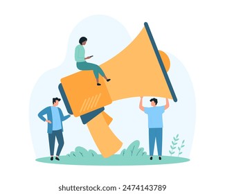 Public attention for megaphone speech, announcement. Tiny people announce loud voice message to audience with big loudspeaker, employees of PR team shout in bullhorn cartoon vector illustration