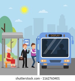 Public autobus station with passengers wich sit in the bus. Transportation public, transport station with passenger. Vector illustration